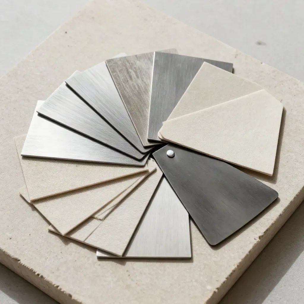 Bovenaanzicht van metalen swatches en stofstalen op een neutraal sampleboard.