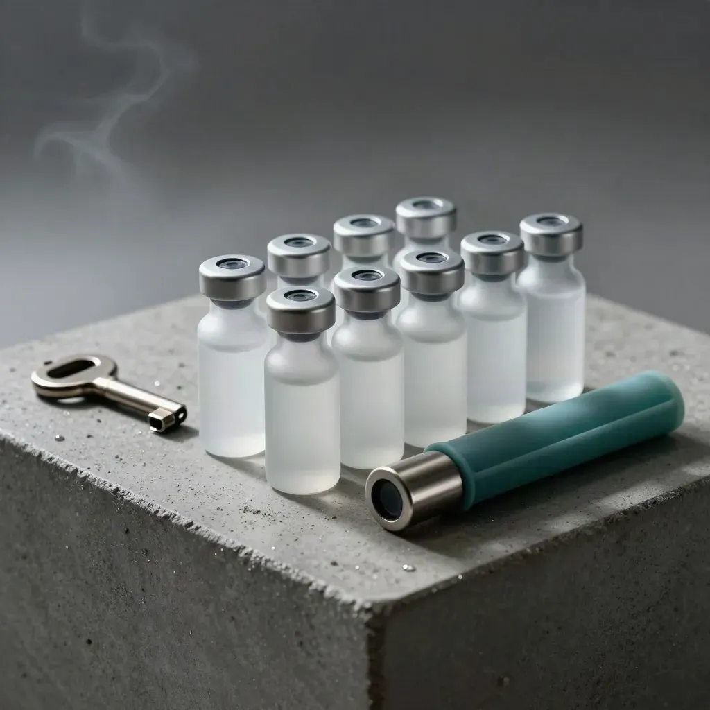 Frosted vials, capcrimper en teal stopperstrip op beton met laboratoriummist.