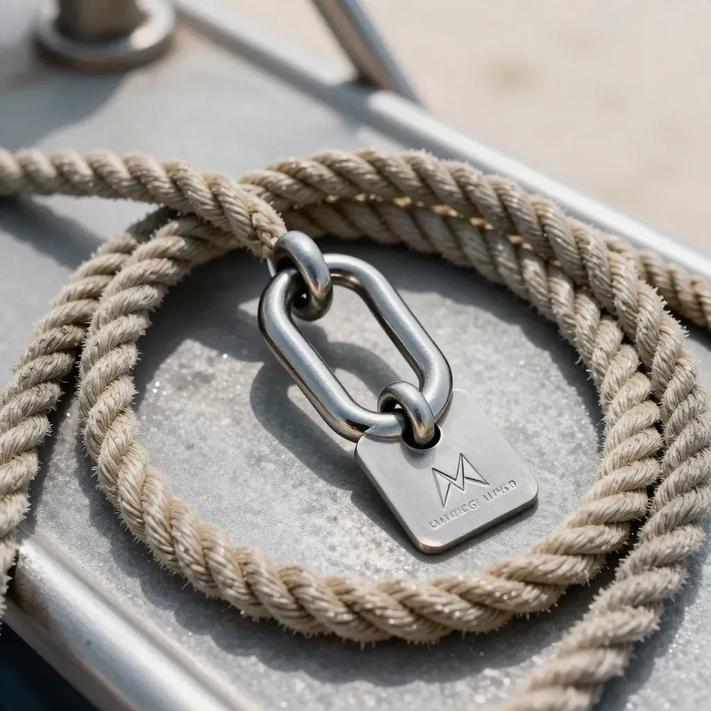 Stalen mooringslot met touw op metalen tray in maritieme setting