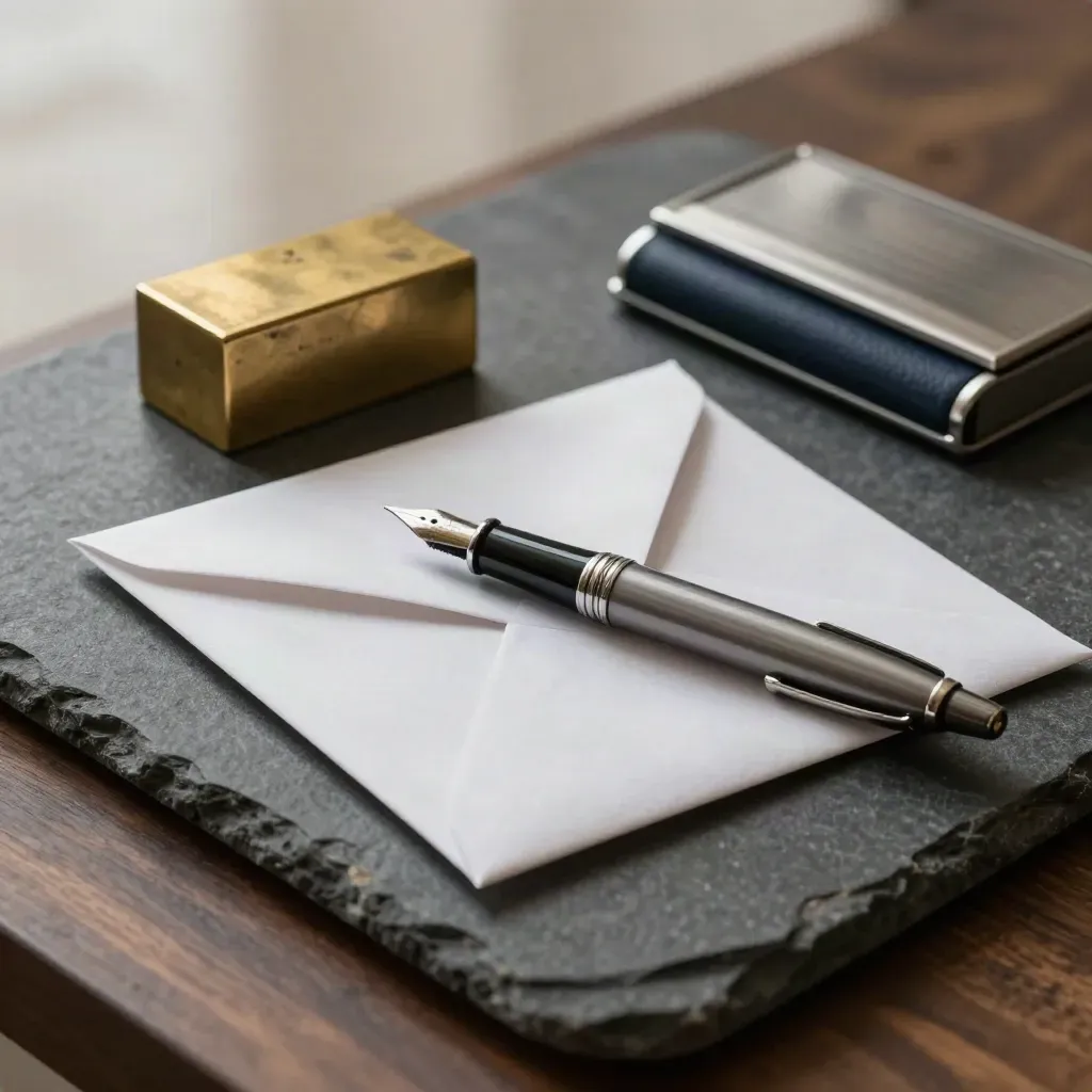 Brass paperweight, vulpen, envelophuls en kaarthouder op donkere steen.