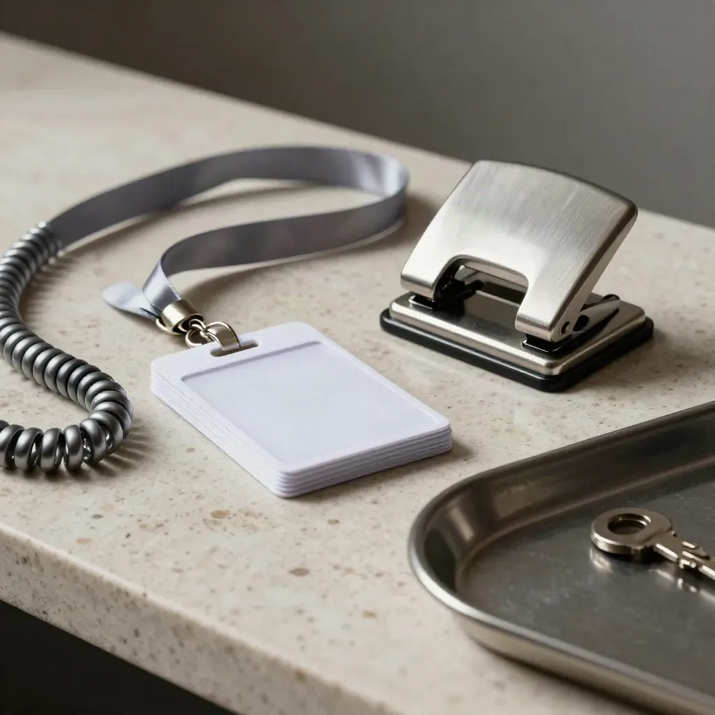 Lanyards, badges en ticket punch op travertin in dramatisch still-life licht.