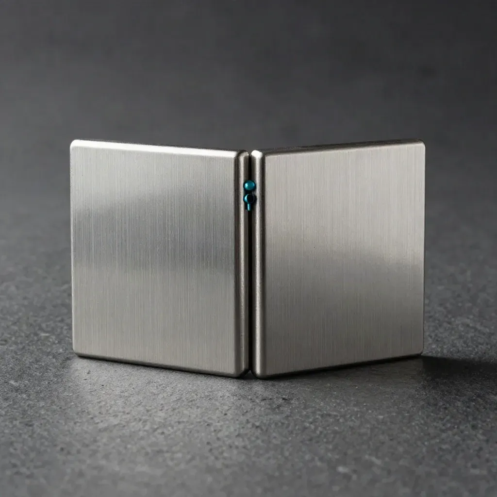 Twee brushed aluminium kaartcases met teal uitlijnpennetjes op een donkergrijze stenen ondergrond.