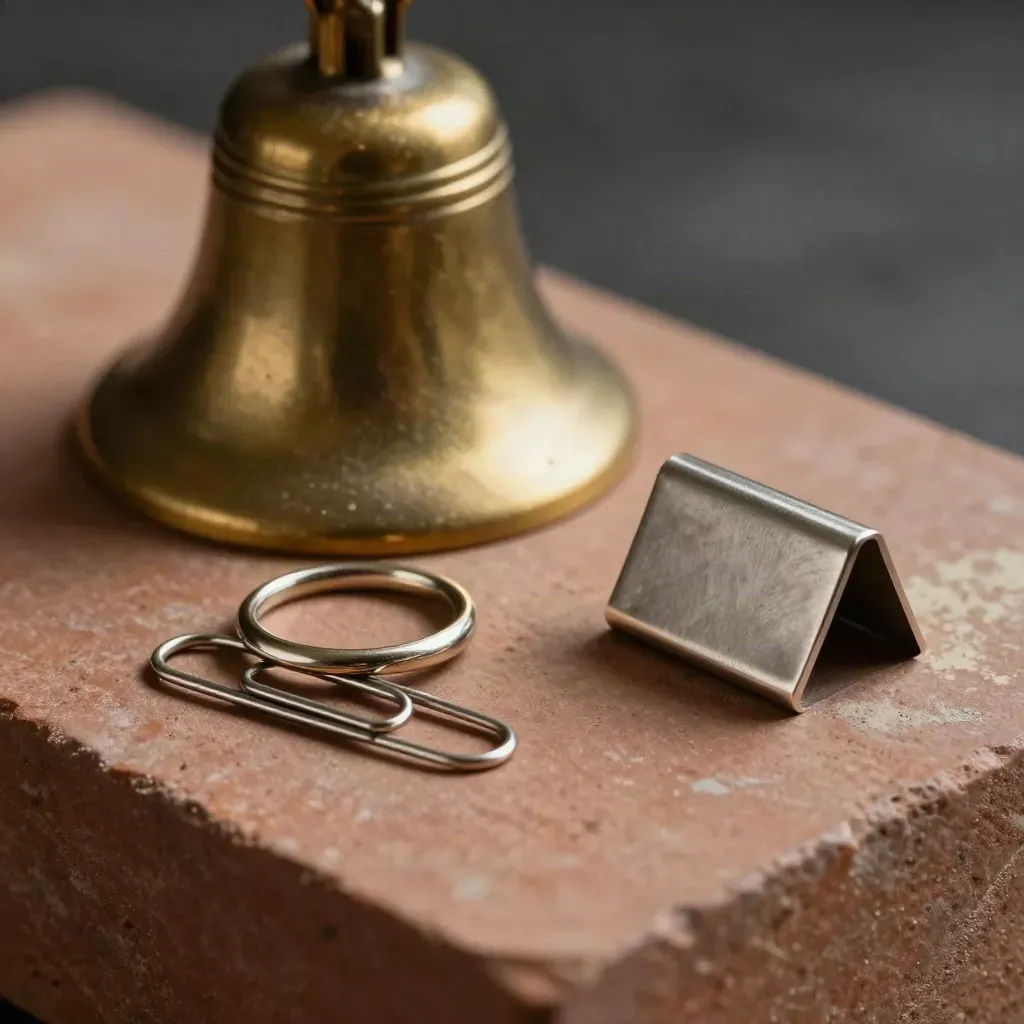 Brass bel, metalen kaarthouders en paperclips op terracotta steen in close-up.