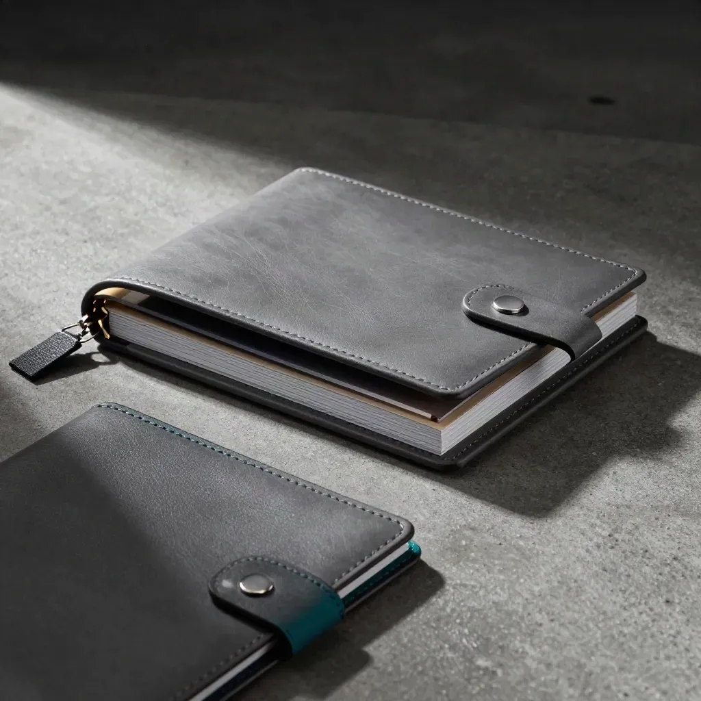 Graphieten pitchfoliomap met deck sleeves en teal strap op donkere stenen ondergrond.