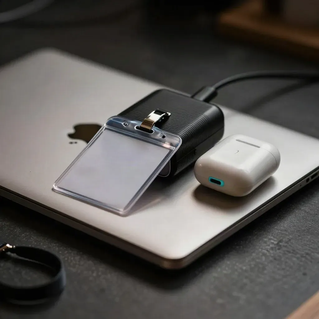 Gesloten laptop, badgehouder, powerbank en oordopjeset op donkere tafel met zacht licht.