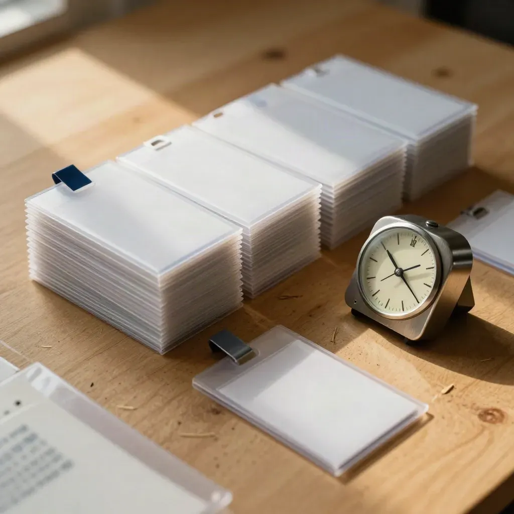 Bovenaanzicht van badges, mapblokken, timer en indexhoezen op warm hout.