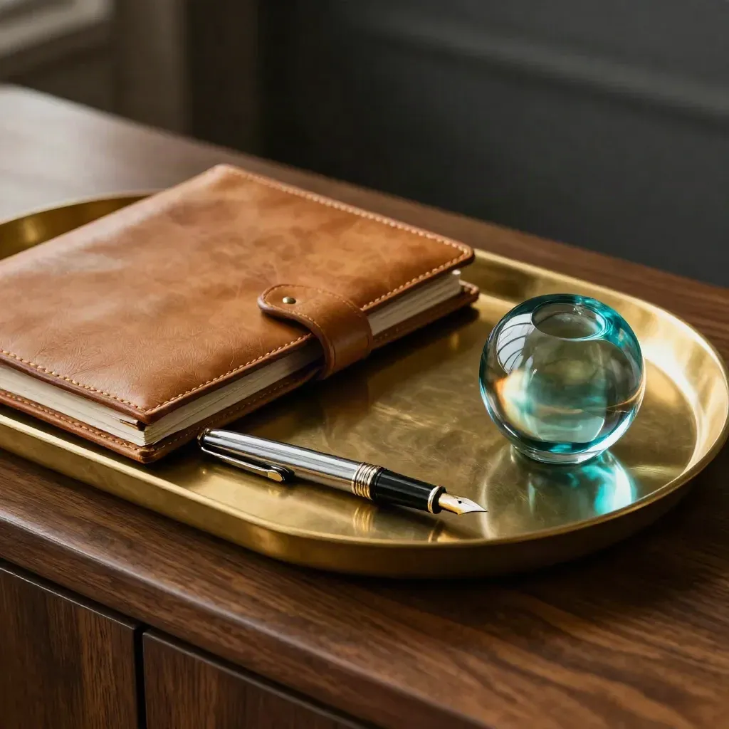 Macro van een brass dealtray, leren map, vulpen en glazen paperweight op donker hout.