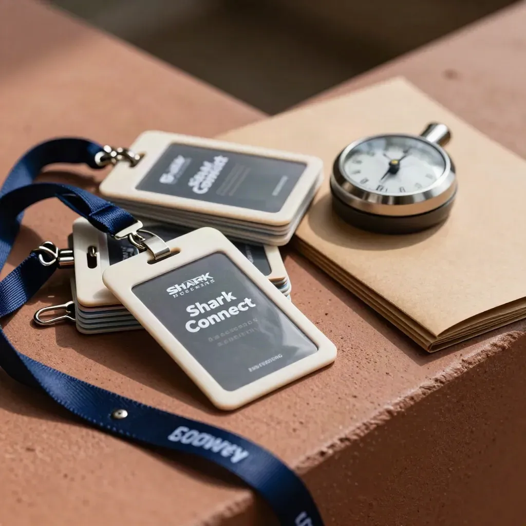 Stapel eventbadges, navy lanyards, klemmen en een werkplaatstimer op terracottabeton.