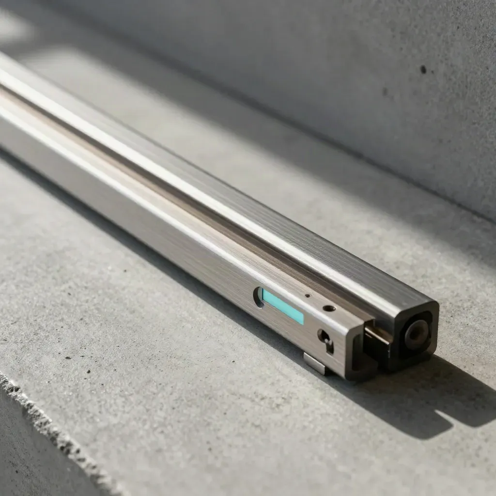 Close-up van aluminium rails en vergrendelingskoppelingen op grijs beton met aqua accent.