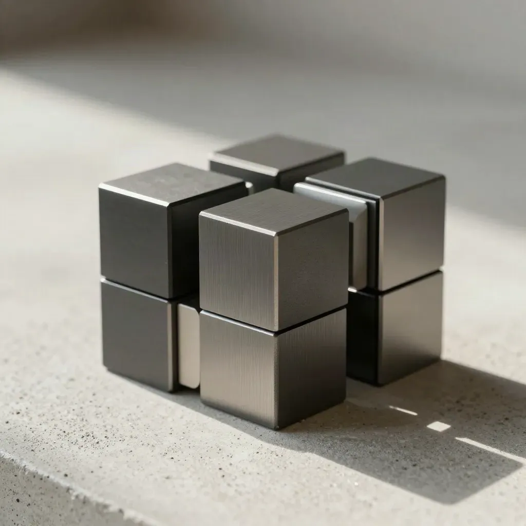 Modulaire blokjes, magnetische platen en afstandhouders op een stenen oppervlak in zacht daglicht.