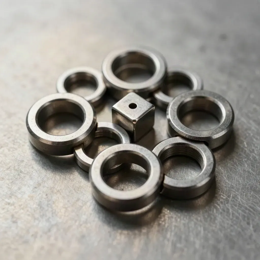 Macrofoto van metalen verbindingsringen, pennen en spacers op geborsteld staal.