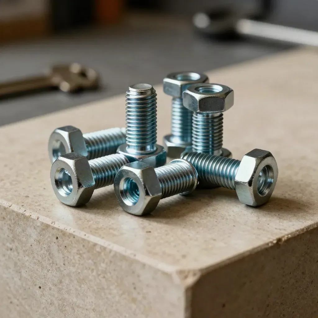 Donkere stilleven van hexbouten en koppelstukken op een stenen werkvlak met teal accent.